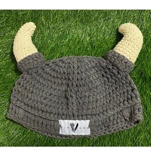 Viking TV Show Beanie With Horns Hat Knitted Funny Skull Cap grey